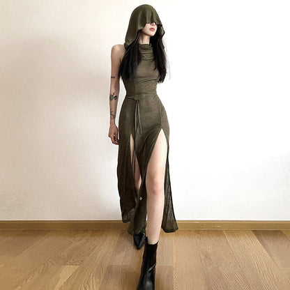 Cowl Neck Tie Waist Double Slit Sleeveless Maxi Dress