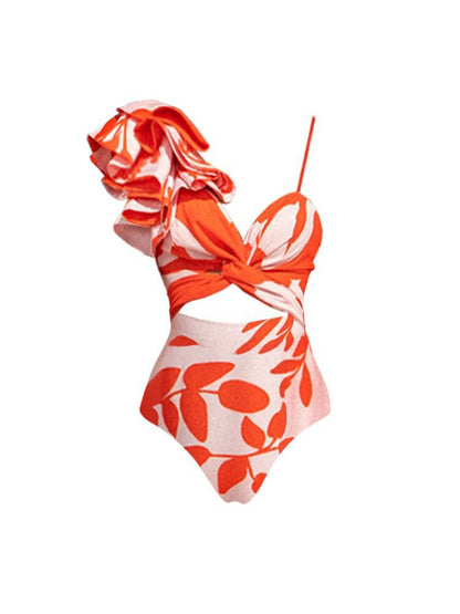 One Shoulder Ruffle Cutout Printed Swimsuit & Skirt Coord Set