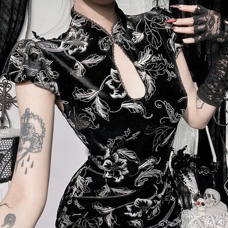 Cap sleeve flower pattern velvet button maxi dress