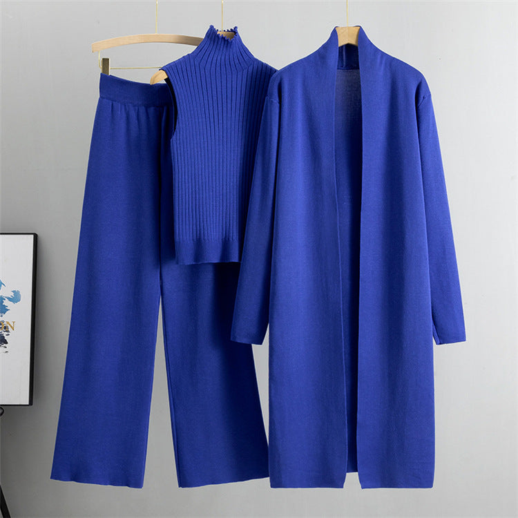 Blue Elegant Knit Vest Three Piece Set