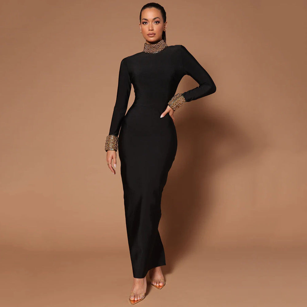 Mock Neck Rhinestone Embellished Collar and Cuff Long Sleeve Bodycon Maxi Gown