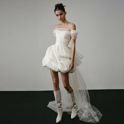Short Off-Shoulder Satin Wedding Dress