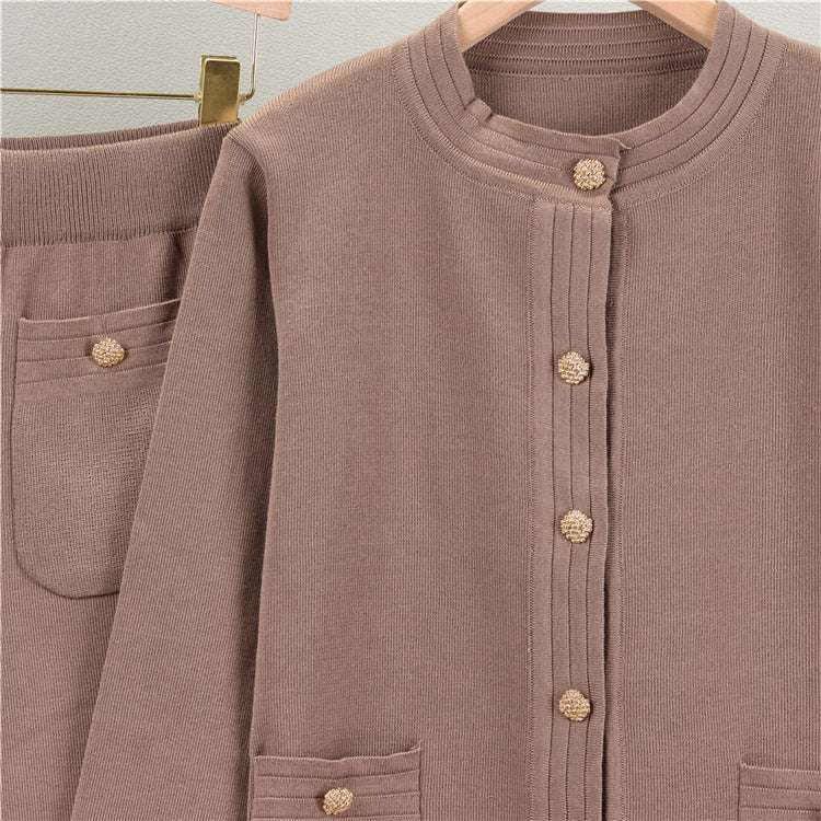 Khaki – Cardigan Top & Wide-Leg Pants Two Piece Set