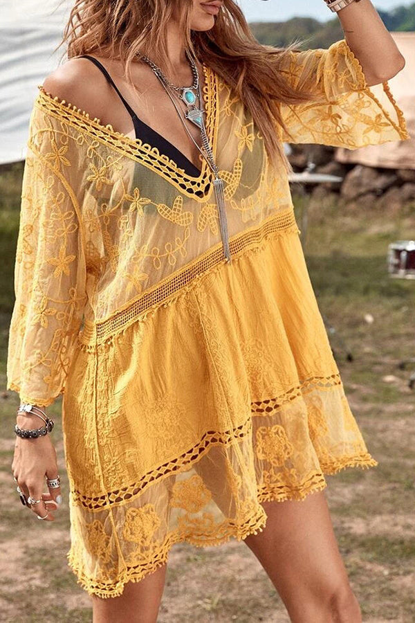 Lace V Neck Hollow Short Sleeved Cover Up