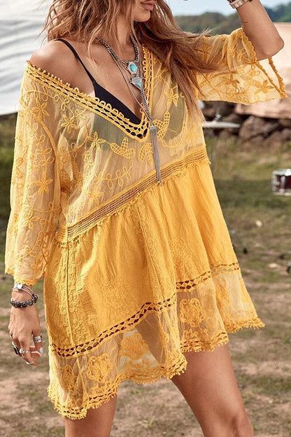 Lace V Neck Hollow Short Sleeved Cover Up