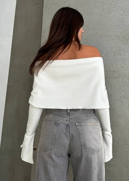 Off-Shoulder Zip-Up Ribbed Top