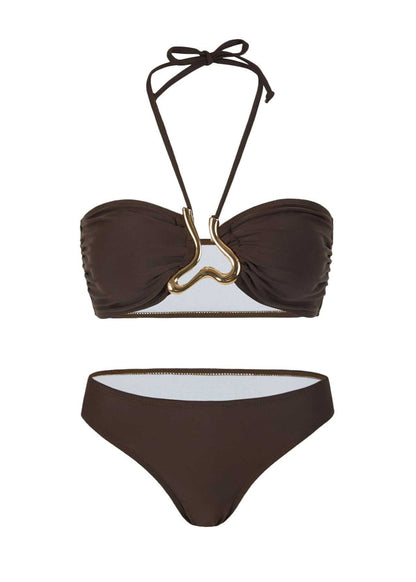 Isla - Three-Piece Bronze Halter Bikini & Skirt Set