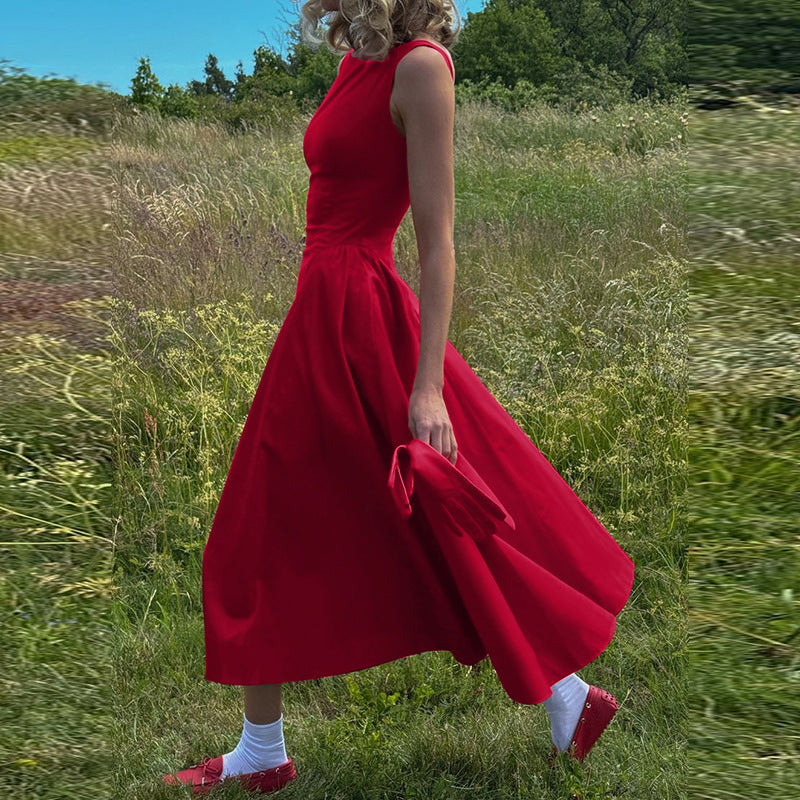 Boat Neck Sleeveless Fitted Waist Flared Gathered Midi Dress