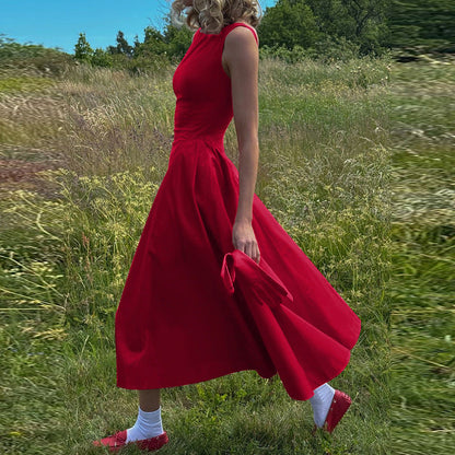 Boat Neck Sleeveless Fitted Waist Flared Gathered Midi Dress