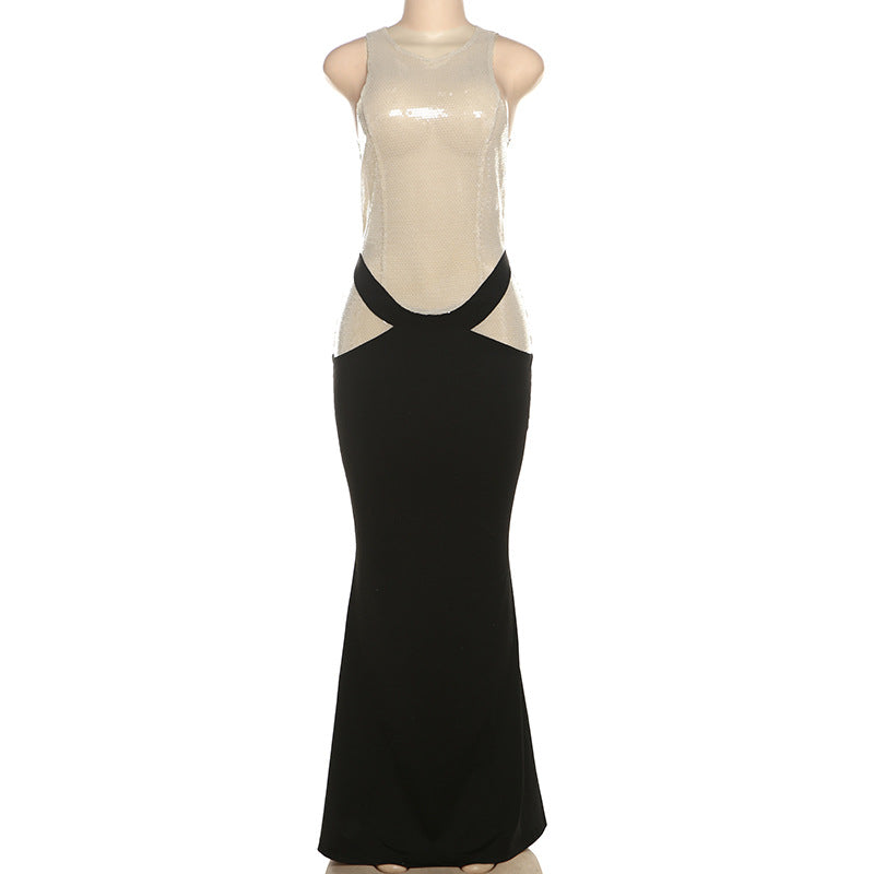 Sequin Mesh Sleeveless Hip Cutout Column Maxi Gown