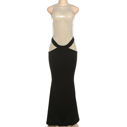 Sequin Mesh Sleeveless Hip Cutout Column Maxi Gown