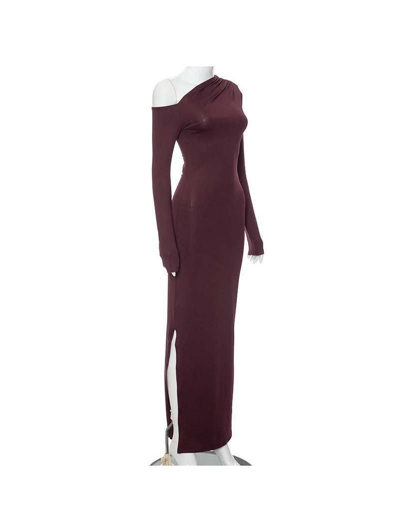 Burgundy One Shoulder High Waist Dress Asymmetric Dress