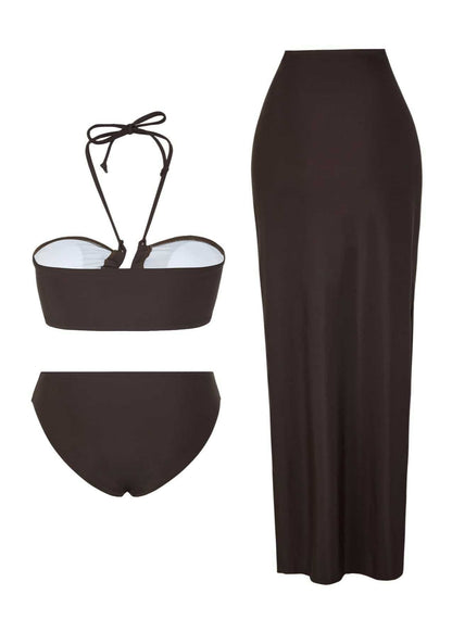 Isla - Three-Piece Bronze Halter Bikini & Skirt Set