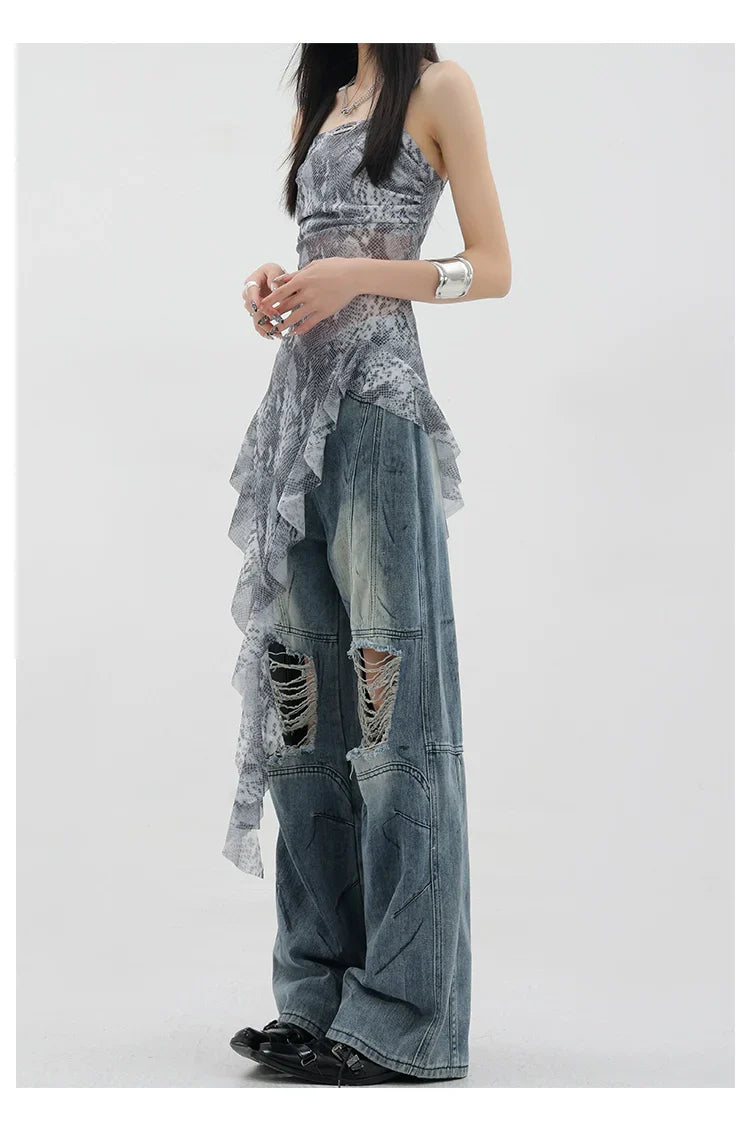 Vintage Distressed And Dirt-Dyed Patchwork Wide-Leg Jeans