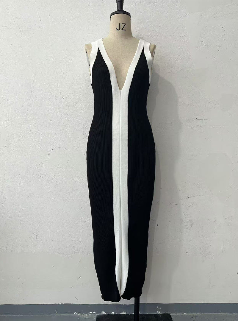 Contrast Trim Deep V Tank Strap Knit Maxi Dress