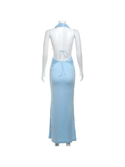 Deep V Plunge Neck Backless Lace Up Halterneck Dress