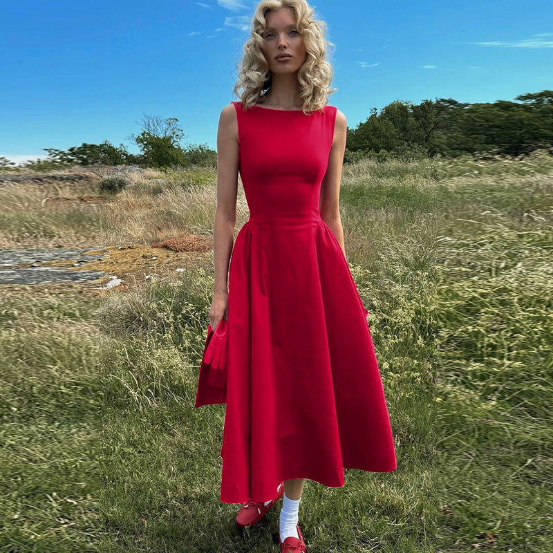 Boat Neck Sleeveless Fitted Waist Flared Gathered Midi Dress