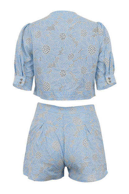 Joyce Floral Embroidered Blouse & Shorts Set