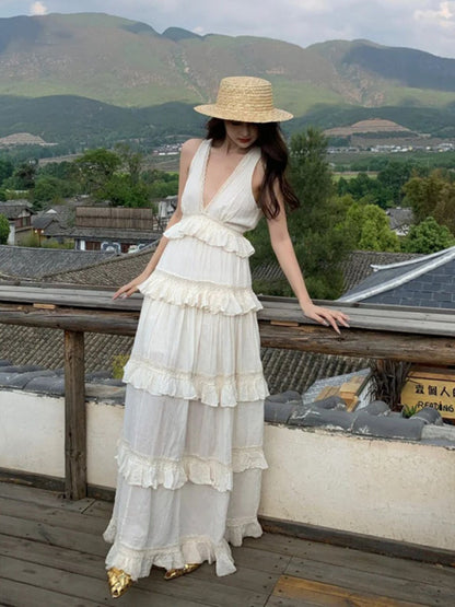 French Soft Ruffle Tiered Maxi Dress Elegant Cotton Linen Vacation Gown for Summer gunne sax vintage dress