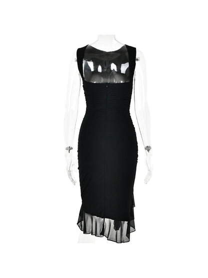 Round Neck Sleeveless Backless Pleated Midi Dress