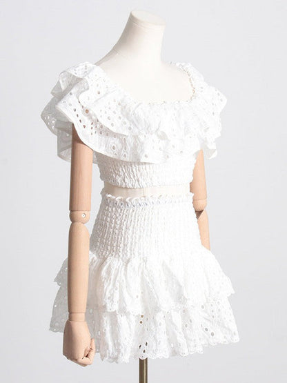 Embroidered Ruffle Crop Top & Short Skirt Coord Set