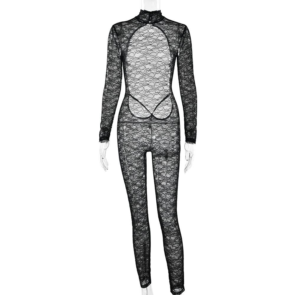 High neck long sleeve lace backless jumpsuit