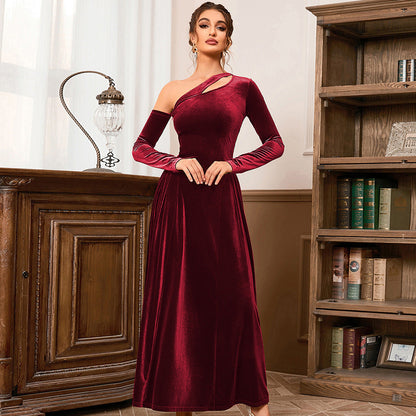 Velvet One Shoulder Cut Out Long Sleeve High Split Fit and Flare Maxi Gown