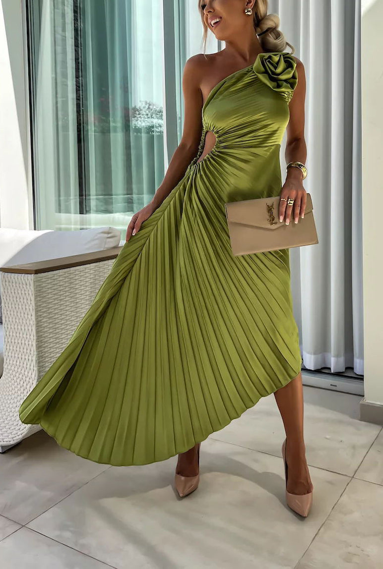 Romantic Nights Satin Raised Flower Elastic Cutout One Shoulder Pleated Maxi Dress