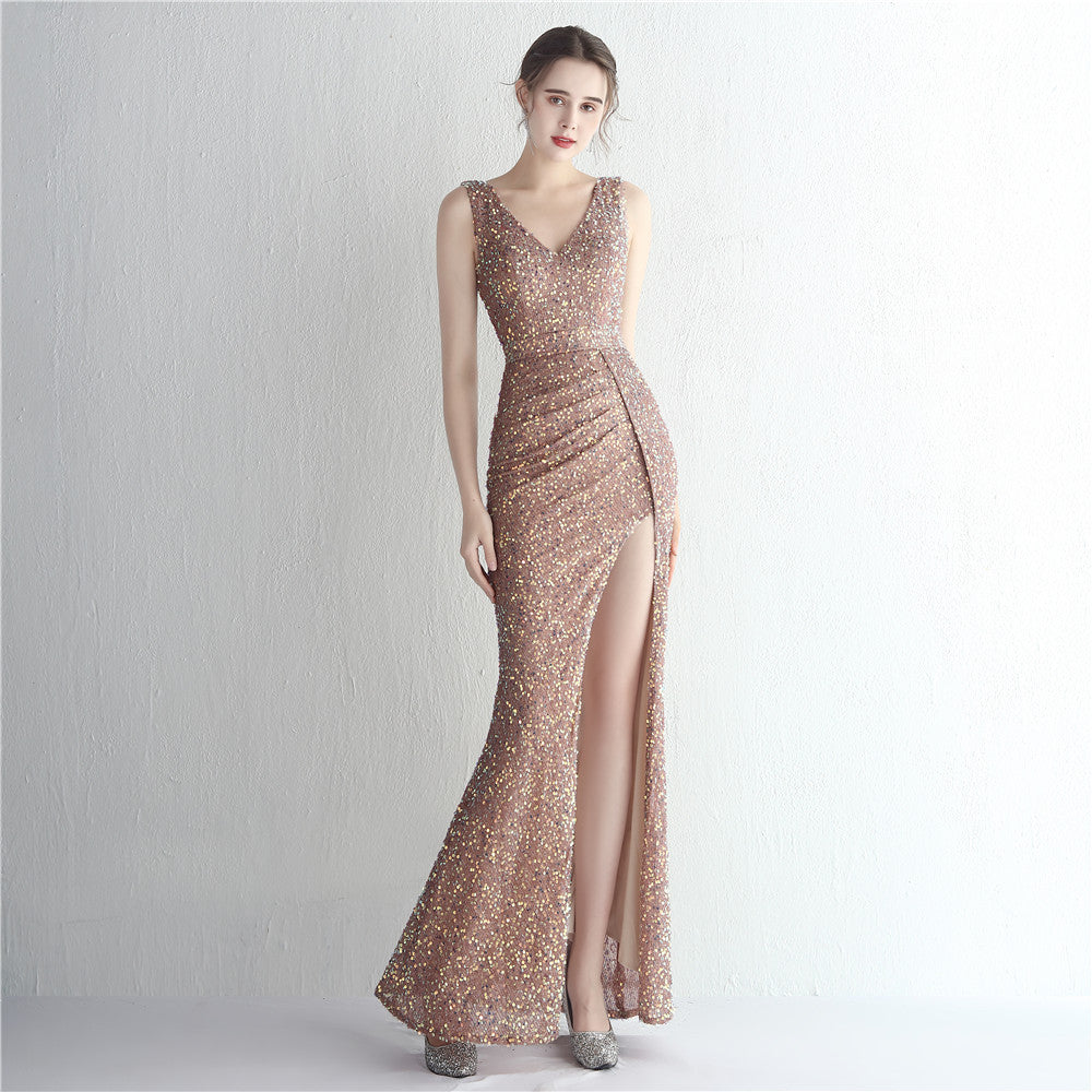 Sequin Deep V-Neck Wide Strap Ruched Waist High Split Mermaid Maxi Gown