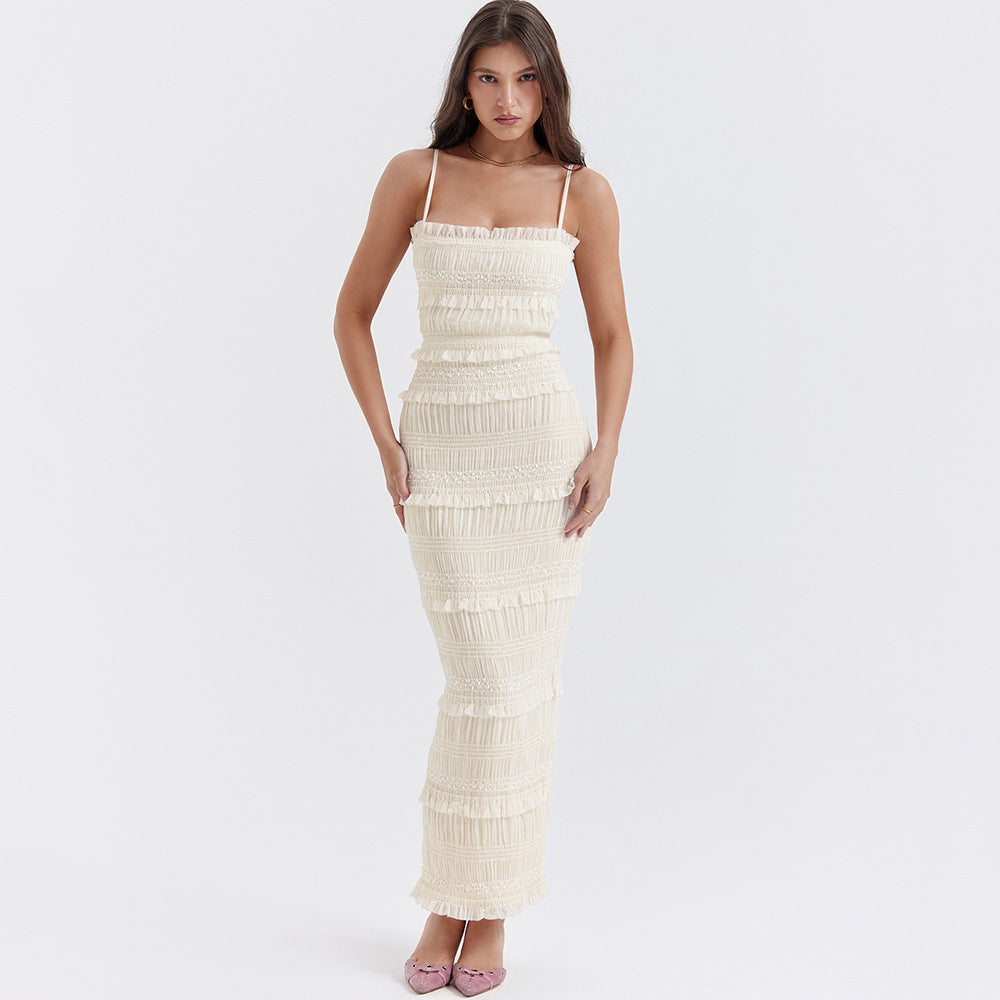 Smocked Tiered Ruffle Spaghetti Strap Backless Maxi Dress