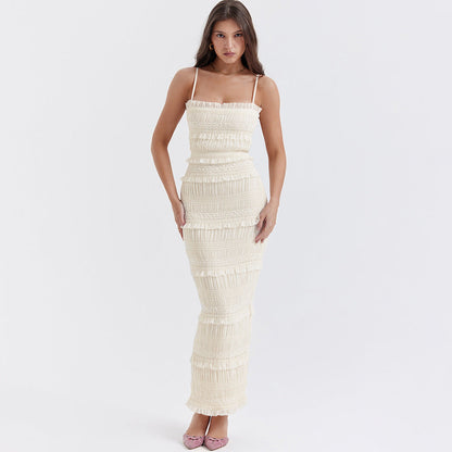 Smocked Tiered Ruffle Spaghetti Strap Backless Maxi Dress