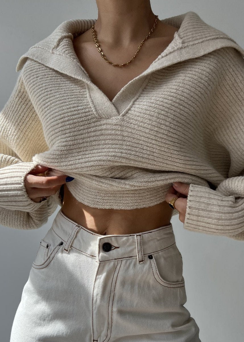 Oversized Ribbed Knit Collared Sweater