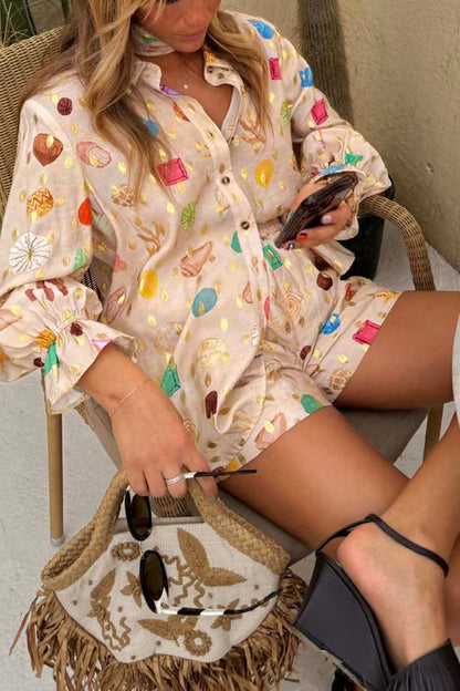 Fashionable Gold Stamping Unique Printing Lapel Long Sleeve Shirt and Elastic Waist Casual Pocket Shorts Set