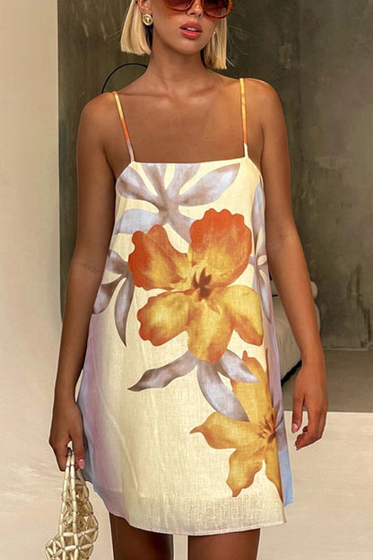 Summer Surprise Linen Blend Floral Print Slip H-line Mini Dress
