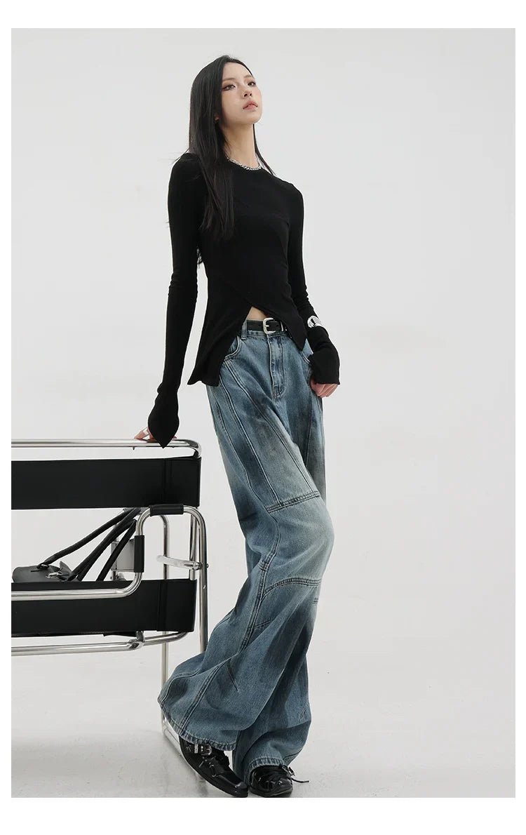 Vintage Distressed And Dirt-Dyed Patchwork Wide-Leg Jeans