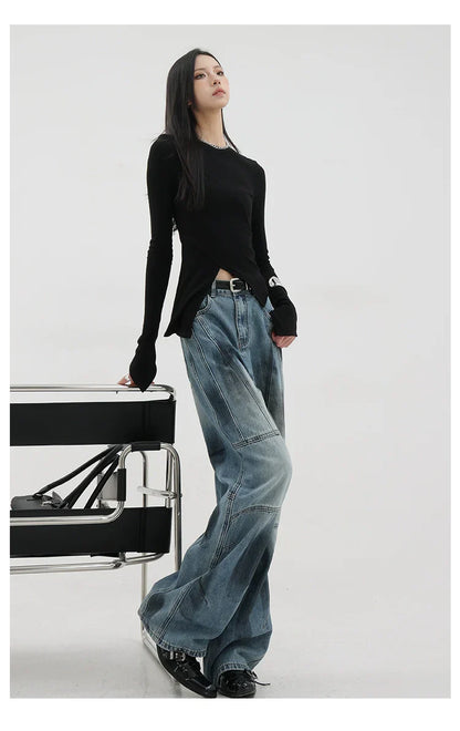 Vintage Distressed And Dirt-Dyed Patchwork Wide-Leg Jeans