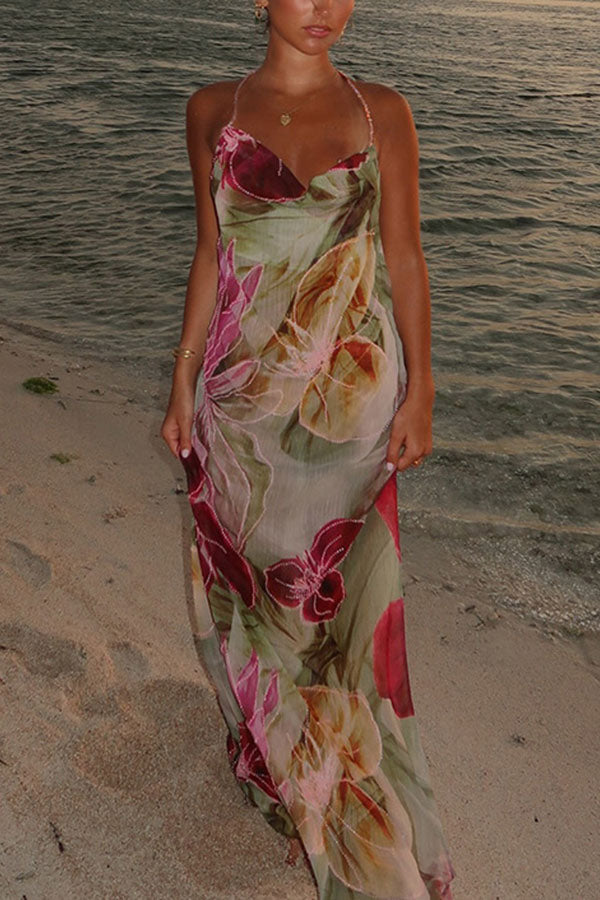 Floral Print Sexy Backless Slit See-Through Holiday Maxi Dress