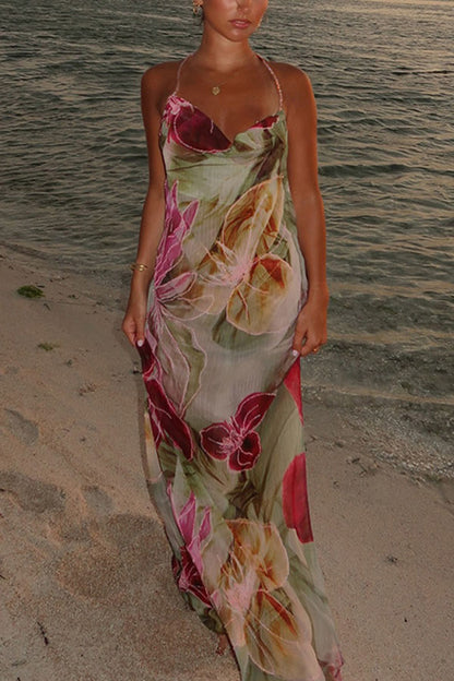 Floral Print Sexy Backless Slit See-Through Holiday Maxi Dress