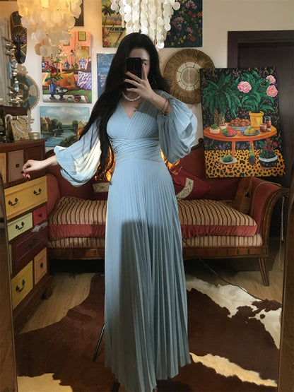 Misty Blue Pleated Panel Maxi Dress 2025 Flowy Elegant Slimming Gown gunne sax vintage dress