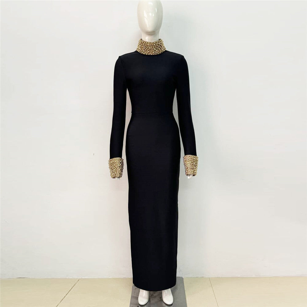 Mock Neck Rhinestone Embellished Collar and Cuff Long Sleeve Bodycon Maxi Gown