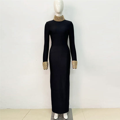 Mock Neck Rhinestone Embellished Collar and Cuff Long Sleeve Bodycon Maxi Gown