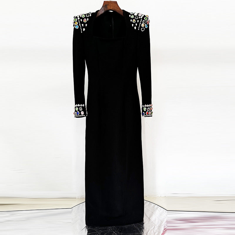 Gem Embellished Square Neck Long Sleeve Floor-Length Maxi Gown