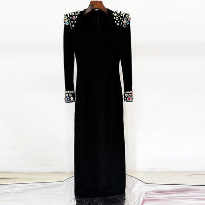 Gem Embellished Square Neck Long Sleeve Floor-Length Maxi Gown