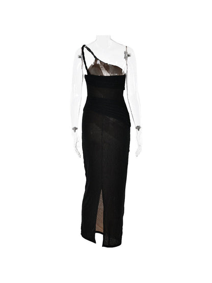 One Shoulder Shimmer Mesh Backless Dress