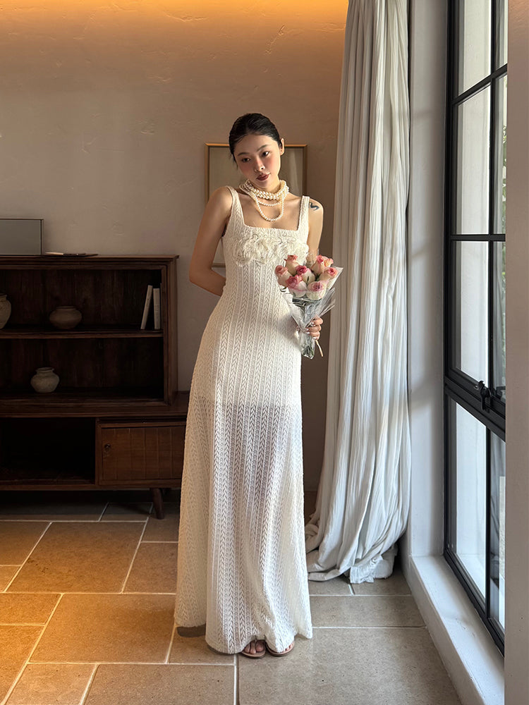 Pure Poise French Knit White Dress Elegant Square Neck Slimming Design