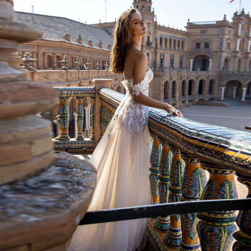 Off-Shoulder Sheer A-Line Wedding Dress