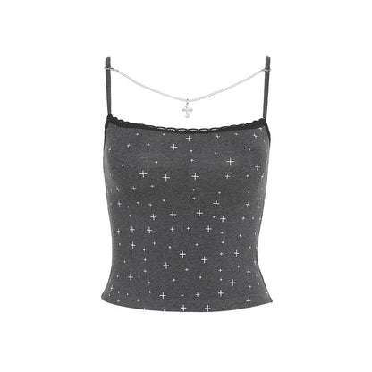 Print lace hem beaded backless cami top
