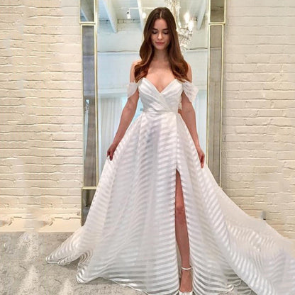 Striped Sheer Off Shoulder Ruffle Sleeve Deep V Slit Ball Gown
