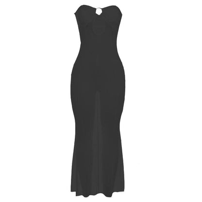 Mesh see through o ring hollow out backless tube cut out maxi dress