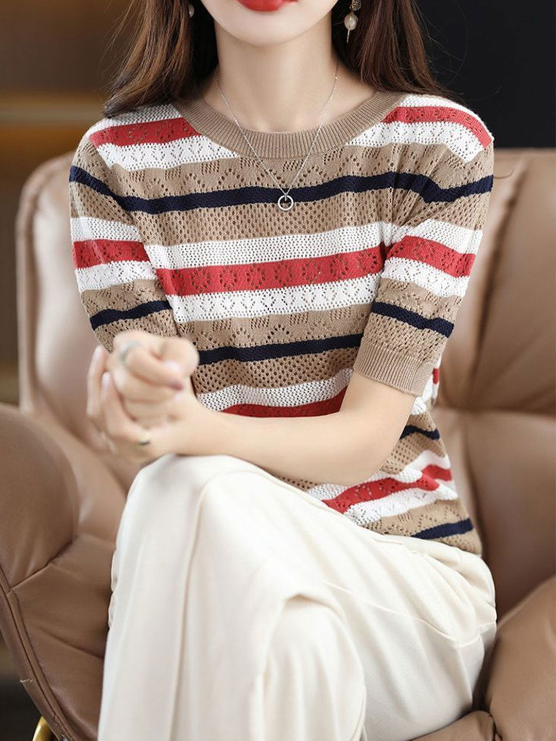 Bella Elegant Crew Neck Hollowed Knitted Sweater